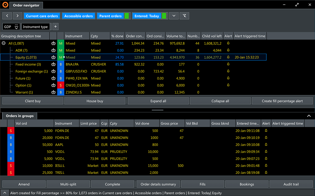 Order navigator with Alert column (bell icon) and Alert triggered time column